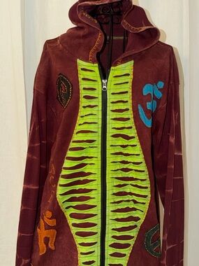 Boho Hooded Zip Jacket in Burgundy with Lime Green blueembroidery Accents